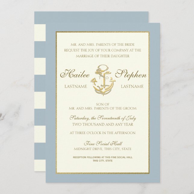 Nautical Steel Blue Wedding Invitation (Front/Back)