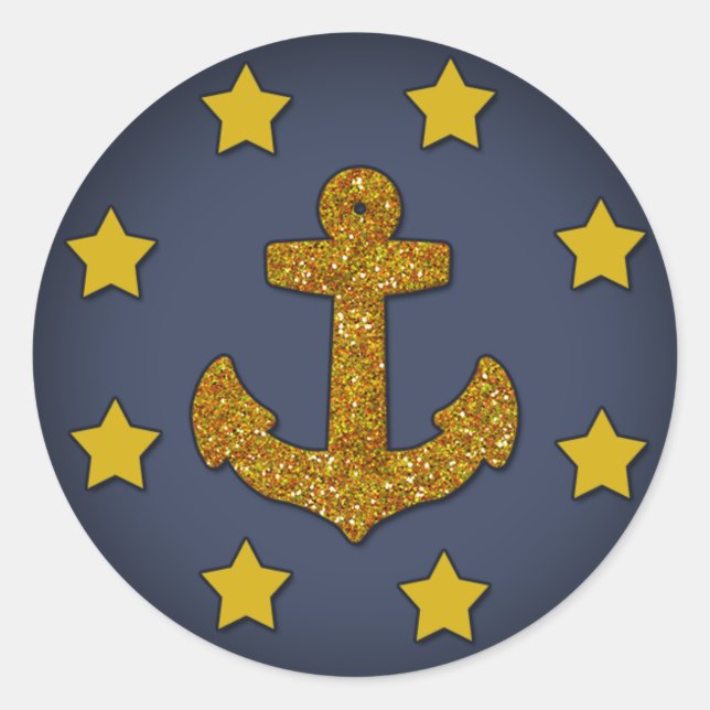 Nautical Sticker, Navy Blue, Gold Glitter Stars Classic Round Sticker (Front)