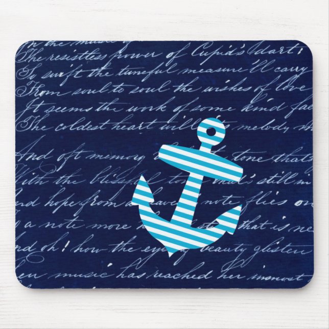 Nautical Stripe anchor handwriting design Mouse Pad (Front)