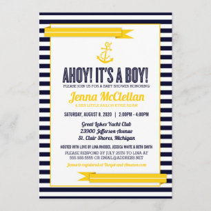 Nautical Stripe Anchor Yellow & Navy Baby Shower Invitation