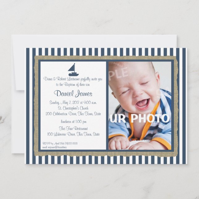 Nautical Stripe and Sailboat Baptism Invitation (Front)