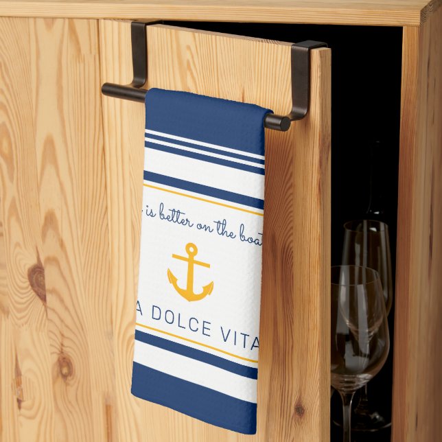 Nautical Stripe Life Is Better On The Boat   Tea Towel (Thirds Fold)