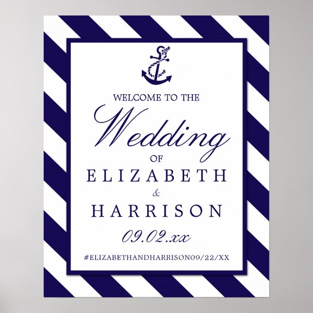 Nautical Stripe & Navy Blue Anchor Wedding Welcome Poster (Front)