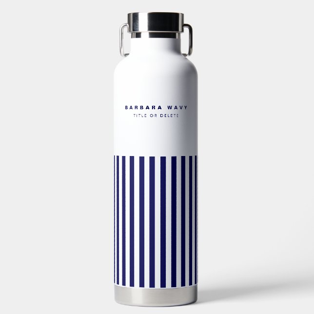 Nautical Stripe Navy Blue Trendy Simple Stylish Water Bottle (Front)
