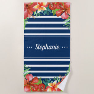 Nautical Stripe Tropical Floral Personalised Beach Towel