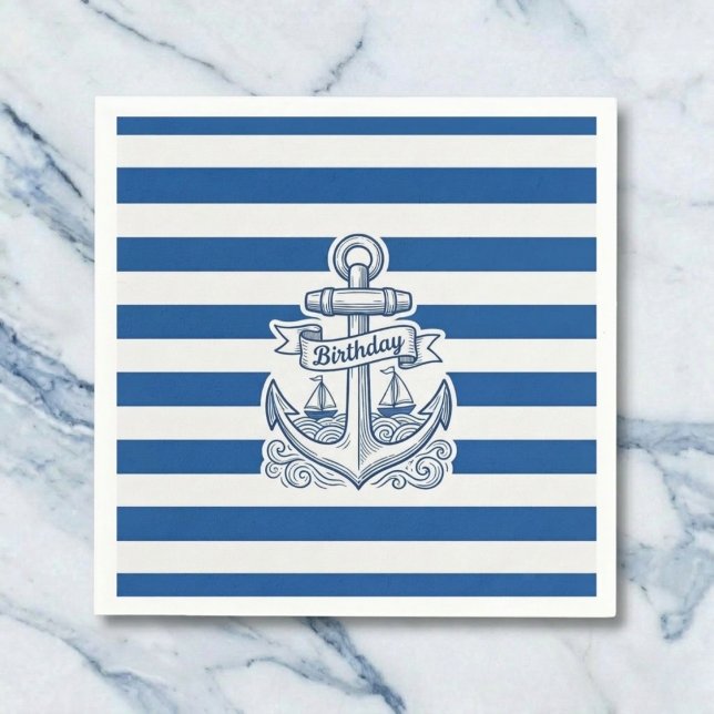 Nautical Striped Anchor Birthday Napkin (Classic stripes for your celebration.)