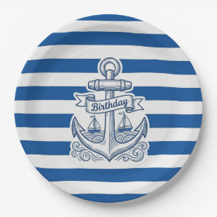 Nautical Striped Anchor Birthday Paper Plate