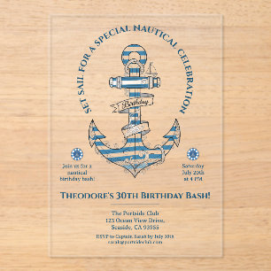 Nautical Striped Anchor Birthday Party Acrylic Invitations
