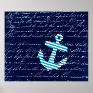 Nautical Striped blue anchor art poster