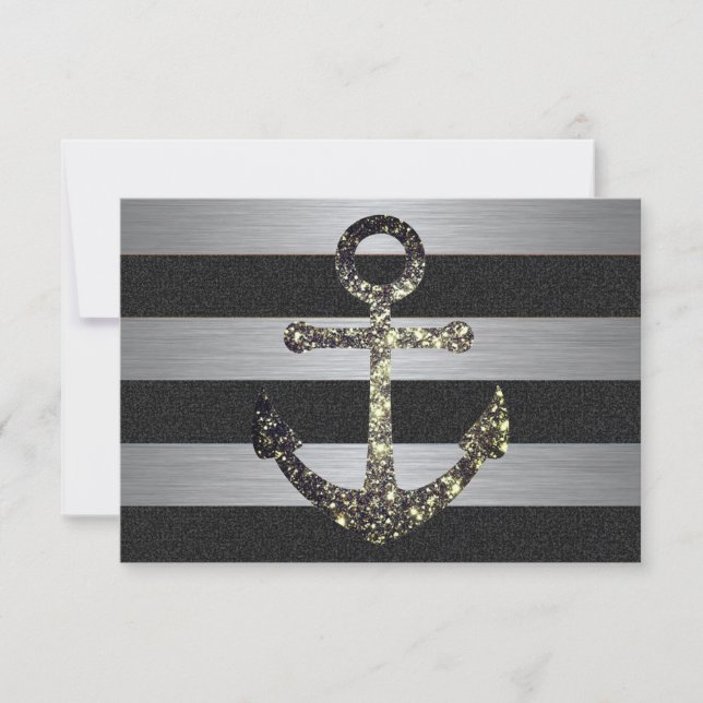 Nautical Striped Wedding RSVP Sparkle Anchor Card (Front)