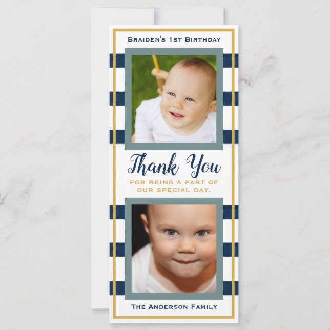 Nautical Stripes 1st Birthday Thank You Photo Card (Front)