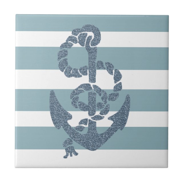 Nautical Stripes Anchor Ceramic Tile (Front)