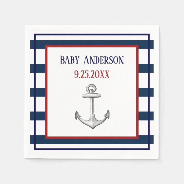 Nautical Stripes and Anchor Baby Shower Napkin (Front)