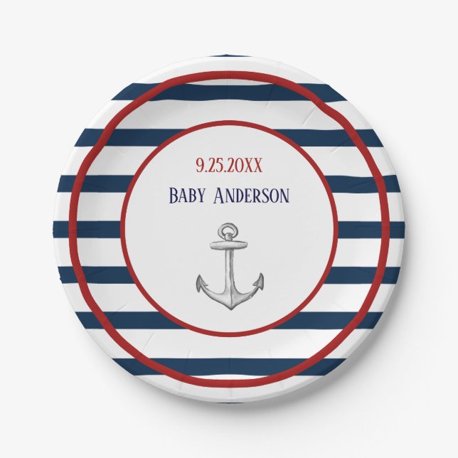 Nautical Stripes and Anchor Baby Shower Paper Plate (Front)