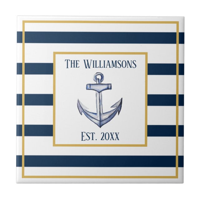 Nautical Stripes and Anchor Personalised Wedding Ceramic Tile (Front)