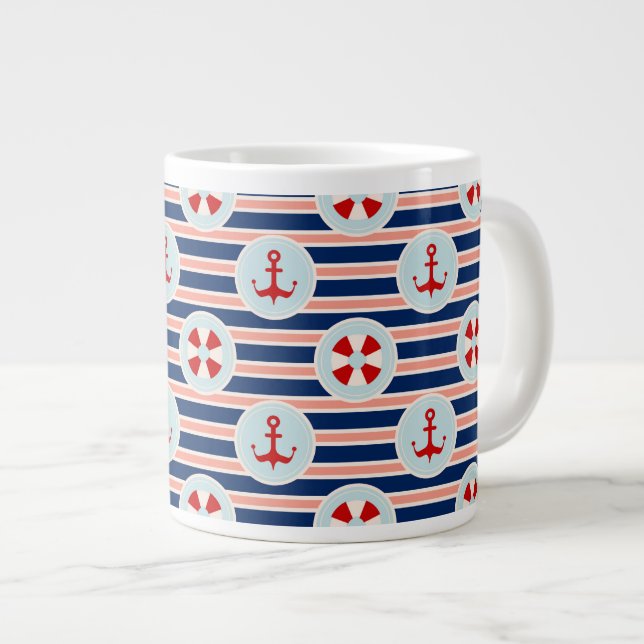 Nautical Stripes And Dots Pattern Large Coffee Mug (Front Right)