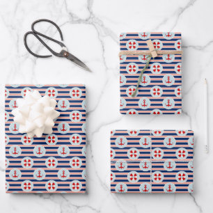 Nautical Stripes And Dots Pattern Wrapping Paper Sheet