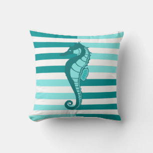 Nautical stripes and seahorse - warm Aqua Marine Cushion