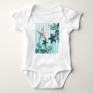 nautical stripes aqua blue starfish seashells baby bodysuit