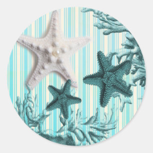 nautical stripes aqua blue starfish seashells classic round sticker