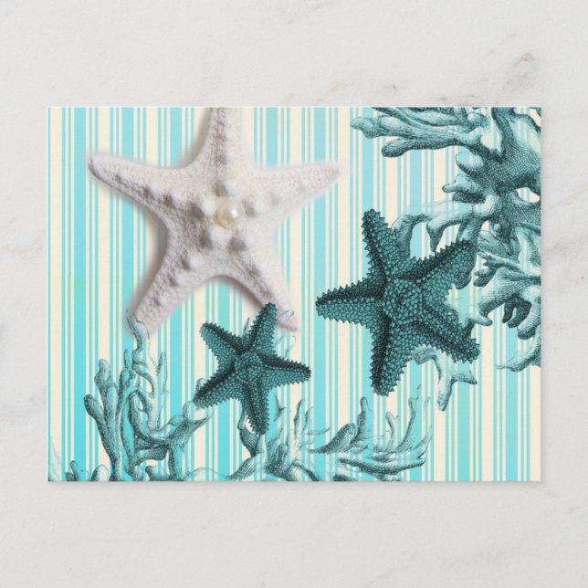 nautical stripes aqua blue starfish seashells postcard (Front)