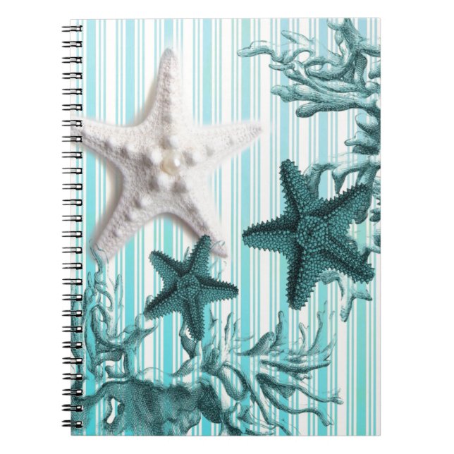 nautical stripes aqua seashells blue starfish notebook (Front)