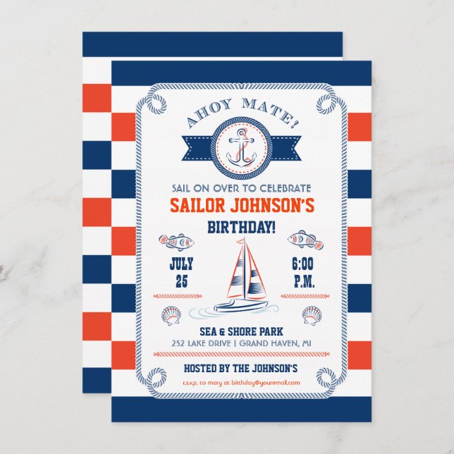 Nautical Stripes Birthday Invitation (Front/Back)