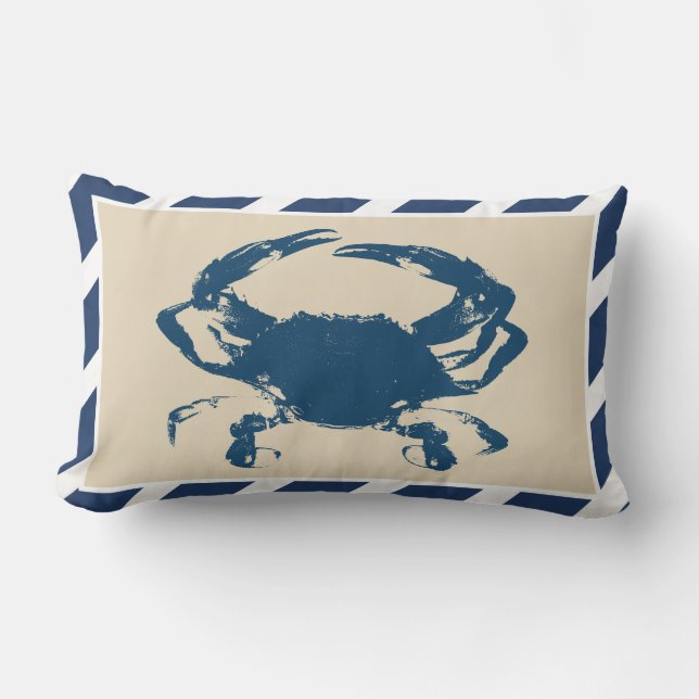 Nautical Stripes & Blue Crab Coastal Style Lumbar Cushion (Front)