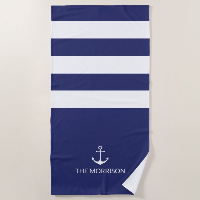 Nautical Stripes Boat Name white anchor navy blue Beach Towel (Front)