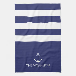 Nautical Stripes Boat Name white anchor navy blue Tea Towel