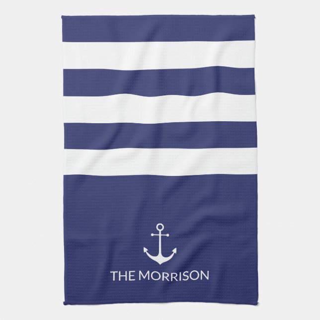 Nautical Stripes Boat Name white anchor navy blue Tea Towel (Vertical)