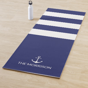 Nautical Stripes Boat Name white anchor navy blue Yoga Mat