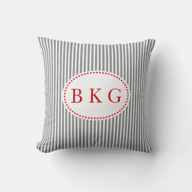Nautical Stripes Custom Monogram | Grey Red White Cushion (Front)