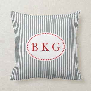 Nautical Stripes Custom Monogram Grey Red White Cushion