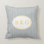 Nautical Stripes Custom Monogram | Grey Yellow Cushion<br><div class="desc">Simple, elegant, modern, and trendy narrow vertical striped Nautical pattern or design for square Throw and Lumbar size Pillows or Cushions. Grey (or grey) and white striped background on the front with a Yellow background on the back and Yellow and white accent circle with custom initials or Monogram in a...</div>
