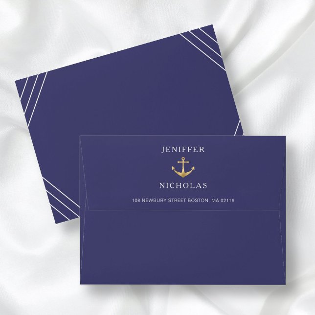 Nautical Stripes Gold Anchor Navy Blue Wedding Envelope (Creator Uploaded)