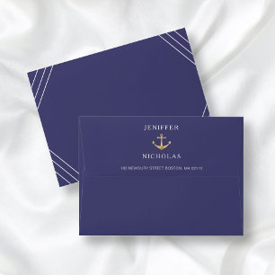 Nautical Stripes Gold Anchor Navy Blue Wedding Envelope