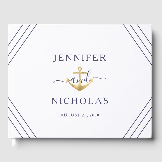 Nautical Stripes Gold Anchor Wedding Guest Book (Front)
