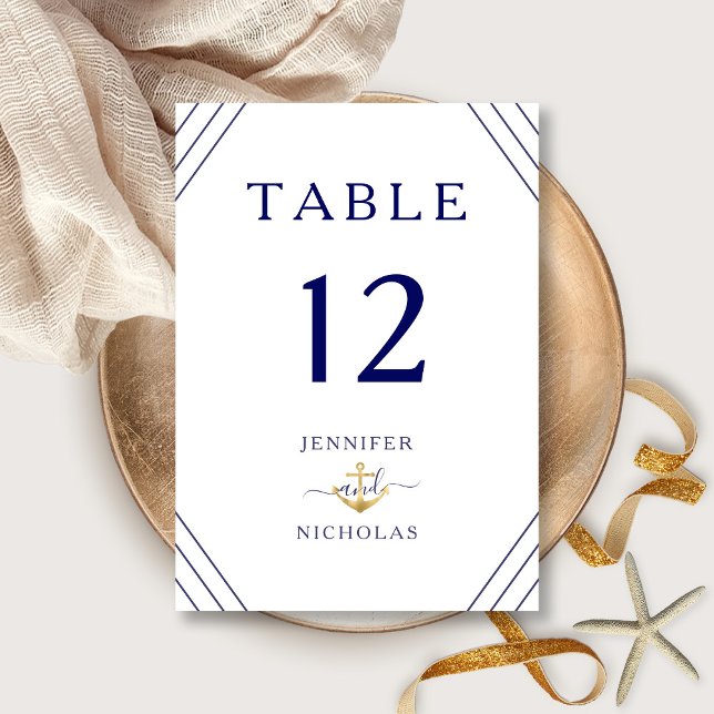 Nautical Stripes Gold Anchor Wedding  Table Number (Nautical Stripes Gold Anchor Wedding Table Number)
