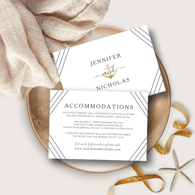 Nautical Stripes Gold Wedding Accommodation Detail Enclosure Card (Front / Back Nautical Stripes Gold Wedding Accommodation Detail Enclosure Card)