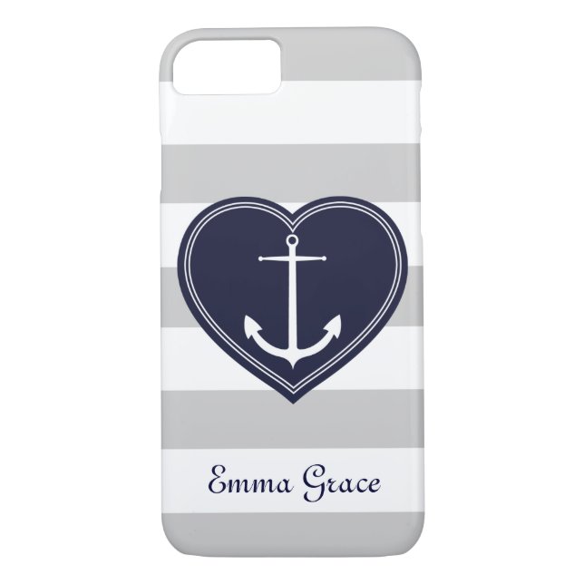 Nautical Stripes Heart and Anchor Monogram Navy Case-Mate iPhone Case (Back)
