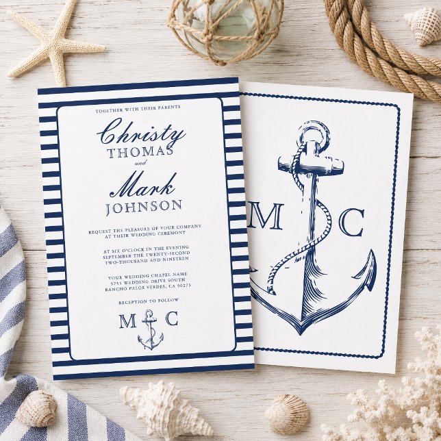 Nautical Stripes Navy Anchor Wedding Invitation (This wedding nautical themed invitation is inspired by classic anchors and stripes.
)