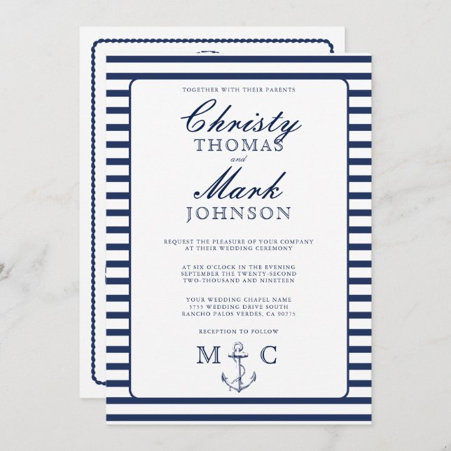 Nautical Stripes Navy Anchor Wedding Invitation (Front/Back)