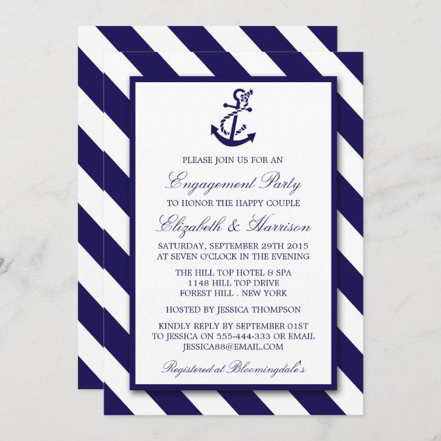 Nautical Stripes & Navy Blue Anchor Engagement Invitation (Front/Back)