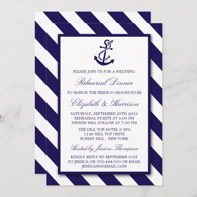 Nautical Stripes Navy Blue Anchor Rehearsal Dinner Invitation (Front/Back)