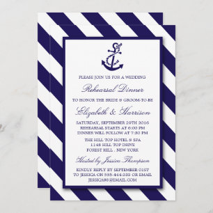 Nautical Stripes Navy Blue Anchor Rehearsal Dinner Invitation