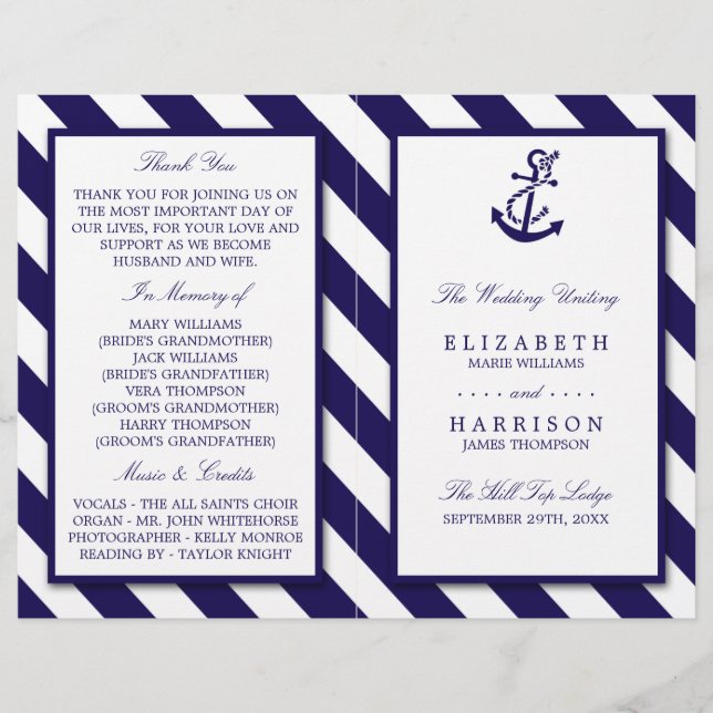 Nautical Stripes & Navy Blue Anchor Wedding (Front)