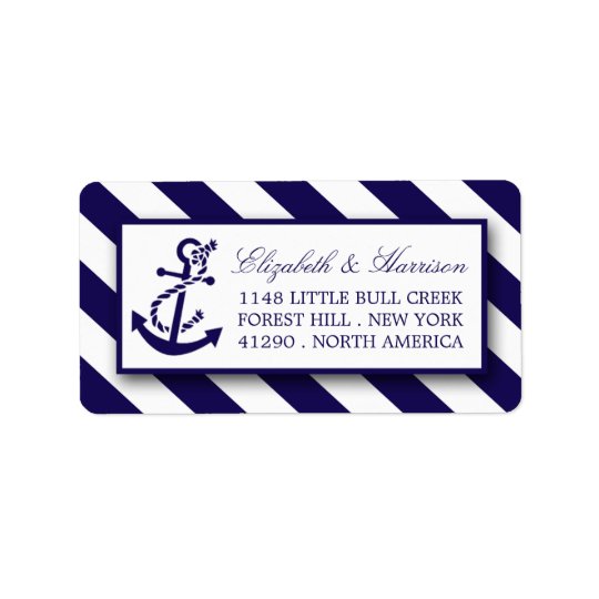 Nautical Stripes & Navy Blue Anchor Wedding Address Label