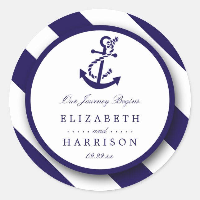 Nautical Stripes & Navy Blue Anchor Wedding Classic Round Sticker (Front)