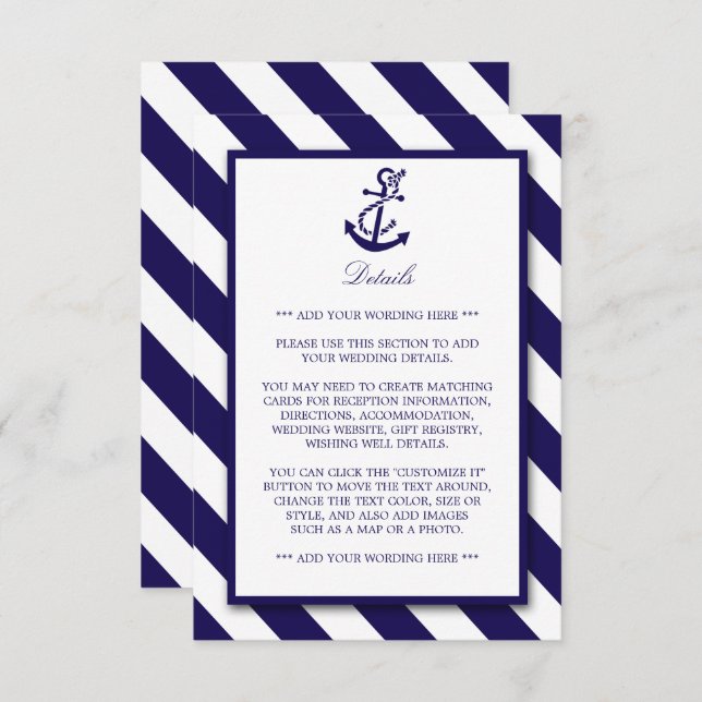 Nautical Stripes & Navy Blue Anchor Wedding Detail Enclosure Card (Front/Back)